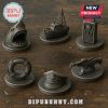 Metal Monopoly Jaws tokens including shark head, boat, lifebuoy, radio, police cap, and weapon.