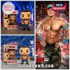 Multiple John Cena Funko Pop figures displayed with a WWE poster background.