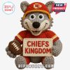 Handmade Chiefs wolf mascot crochet doll with sign and football on white background.