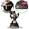 Close-up of custom name and engraved 2025 Raiders season base on mascot standee.
