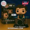 Colin Brittain Funko Pop with drum kit and black sleeveless shirt beside product packaging.