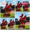Collage of six red glass Liver Bird decanters with different stoppers on a football field!