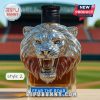 Lion head liquor bottle with black screw cap.