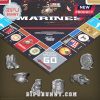 Monopoly Marines edition tokens shaped as Marine boots, bulldog, Humvee, hat, backpack, and coin.