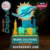 Acrylic standee of Miami Dolphins logo with colorful Miami skyline and team slogan.