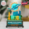 Miami Dolphins standee with frosted edge on white desk background.