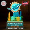 Miami Dolphins standee on dark background with glowing colors and city design.