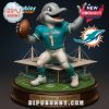 Statue of Miami Dolphins mascot dolphin in football uniform holding ball on stadium base.