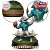 Close up of Miami Dolphins dolphin mascot statue showing jersey and engraved base.