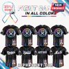 Multiple black cancer awareness baseball jerseys with team logos and colorful ribbon graphics.