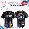 Astros rainbow-themed cancer awareness jersey with ribbon and team logos.