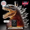 Godzilla shaped liquor bottle filled with amber liquid, with a Jack Daniel's label, marked