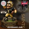 Saints mascot standee with custom name and number on jersey.