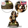 Close-up of Saints dog figure helmet and jersey with Who Dat base