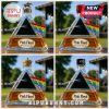 Four Pink Floyd anniversary liquor bottles with different cap styles, a unique label and a rainbow flag.