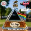 Pink Floyd style 1 liquor bottle with a bronze knight cap, black prism and rainbow flag.