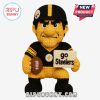 A crochet doll in a Pittsburgh Steelers uniform holding a football and a sign!