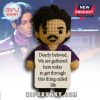 A crochet doll of Prince holding a sign is in the foreground with a semitransparent image of Prince in the background!