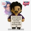 A crochet doll of Prince holding a sign is in the foreground with a semitransparent image of Prince in the background!