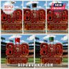 Five commemorative San Francisco 49ers 80th Anniversary bottles with different cap styles displayed in a stadium background.