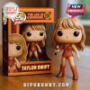 Funko Pop Taylor Swift in red-orange outfit with boots and mic beside her themed box.