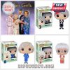 The Golden Girls cast with Funko Pop figures of Dorothy, Rose, and Sophia.