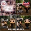 Funko Pop figures of Elena, Stefan, and Damon from The Vampire Diaries TV series.