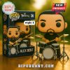 Funko Pop figure of Alex Bent sitting at drum kit.