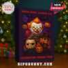 Advent calendar box with creepy clown, Freddy, and Jason in front of a decorated Christmas tree.