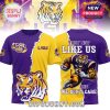 LSU Tigers T-shirt with bold tiger mascot and purple-yellow split design.
