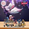 Demon Slayer collectible anime figurines displayed in front of soft purple anime-style background!