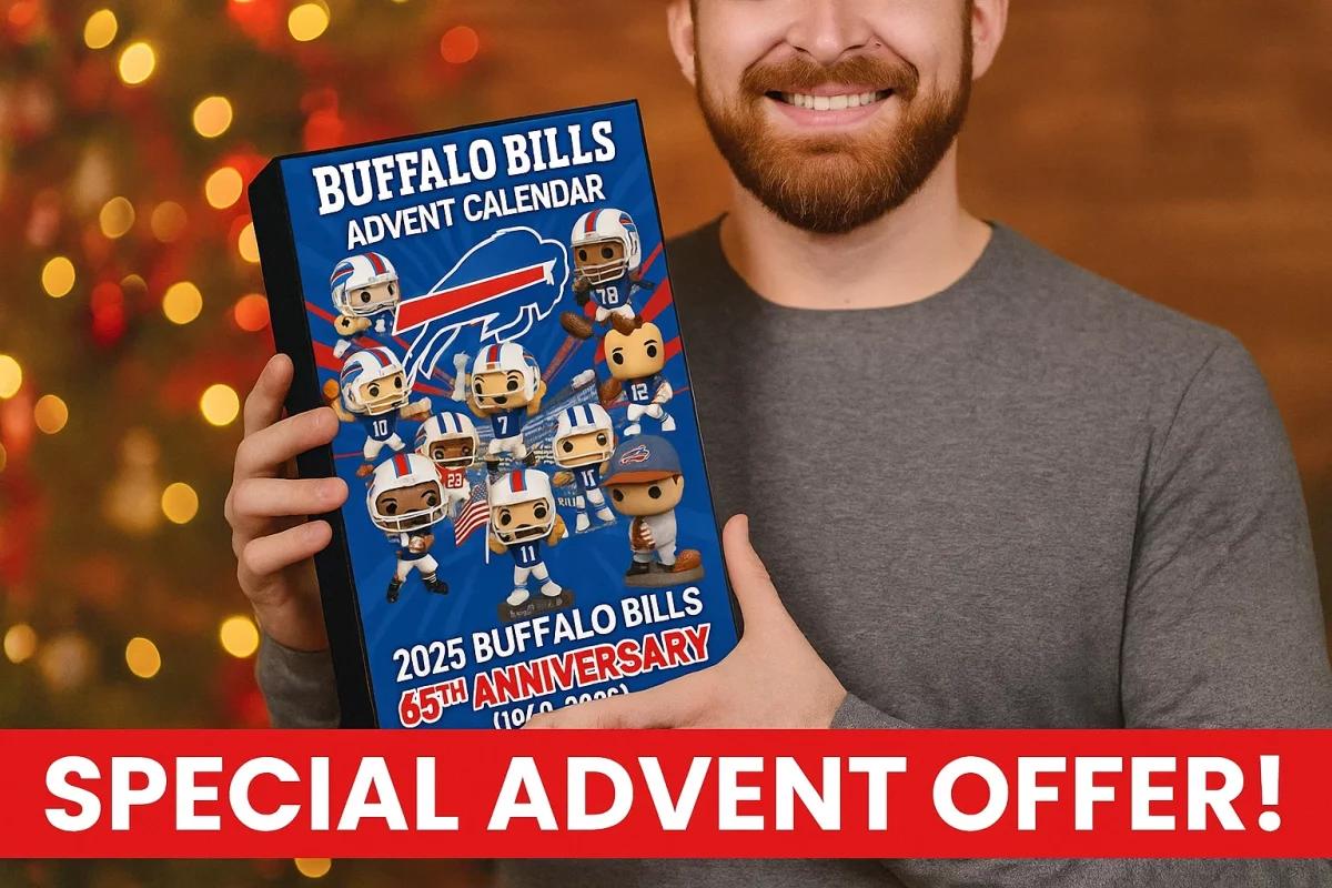 Buffalo Bills 65th Anniversary Advent Calendar 2025 with figures of Josh Allen, Stefon Diggs, and other iconic players