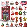 Crimson Tide Advent calendar surrounded by 24 themed Christmas ornaments including elephants, jerseys, helmets, and seasonal designs.
