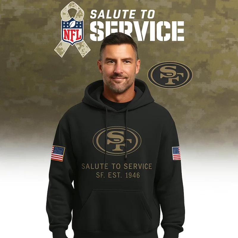 San Francisco 49ers Nike Salute to Service hoodie with customizable name and American flag.