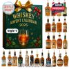 A green Whiskey Advent Calendar 2025 box surrounded by 24 miniature bottles of popular American whiskeys!