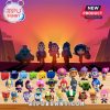 Brawl Stars characters lined up in front of a sunset, with colorful figurines displayed below.