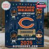 A collage of images featuring the Chicago Bears advent calendar its ornaments and details on the ornament material!
