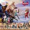 Full Fortnite mini figure collection in seasonal outfits with snowy holiday backdrop!