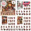 Four dachshund-themed advent calendars with dog ornaments in mugs wearing Santa hats.