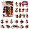 Two dachshunds on calendar with 24 festive dog ornaments in mugs.