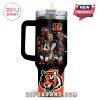 Stanley mug with Bengals players and tiger logo design.