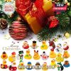Rubber duck toys in festive outfits displayed with Christmas gifts.