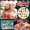 Couple exchanging Christmas gifts with rubber duck advent calendar displayed.