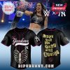 AJ Lee wearing Yankees jersey with skeleton design and “Love you till your last breath” phrase.