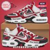 Arkansas Razorbacks custom sneakers in red and white with personalized name option.