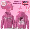 Los Angeles Dodgers pink hoodie with Breast Cancer Awareness design featuring a pink ribbon and team logo.
