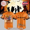 Toronto Blue Jays Halloween baseball jersey with festive character designs.