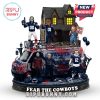 Horror movie figures in Dallas Cowboys jerseys with Halloween-themed accessories.