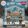 Detroit Lions advent calendar on snowy sidewalk showing festive characters and team graphics.