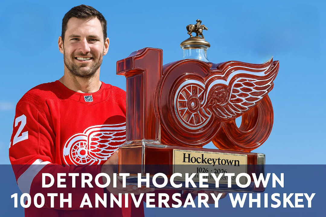 Detroit Red Wings 100th Anniversary Whiskey Bottle, a limited edition collectible featuring the winged wheel logo and celebrating 100 years of Red Wings hockey.